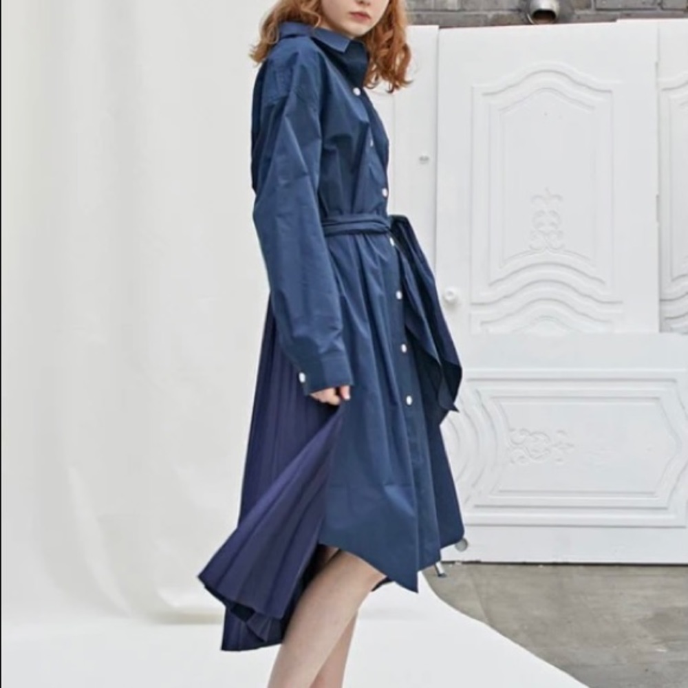Midi Pleated Shirt Belt Navy Dress - NEW
